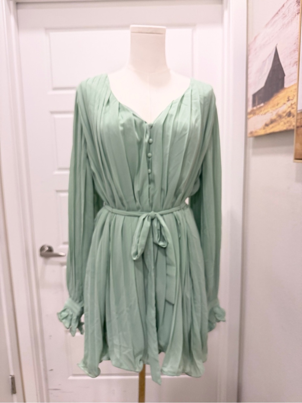 Endless Rose Sage Green Pleated V-Neck Tie-Waist Romper - Picture 8 of 9
